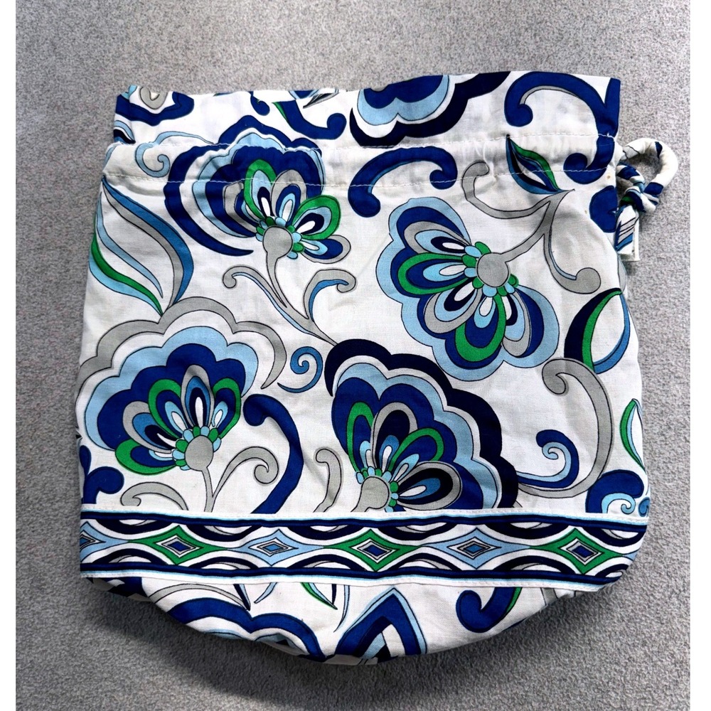 Vera Bradley Drawstring Pouch Womens Medium Blue Green Floral Cotton Travel Bag